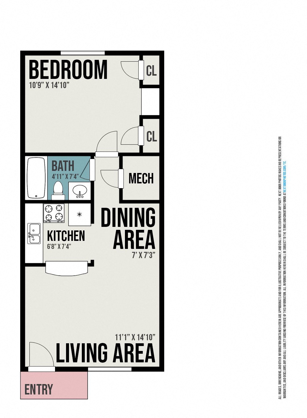Floor plan for 1 bed, 1 bath, 600 sqft